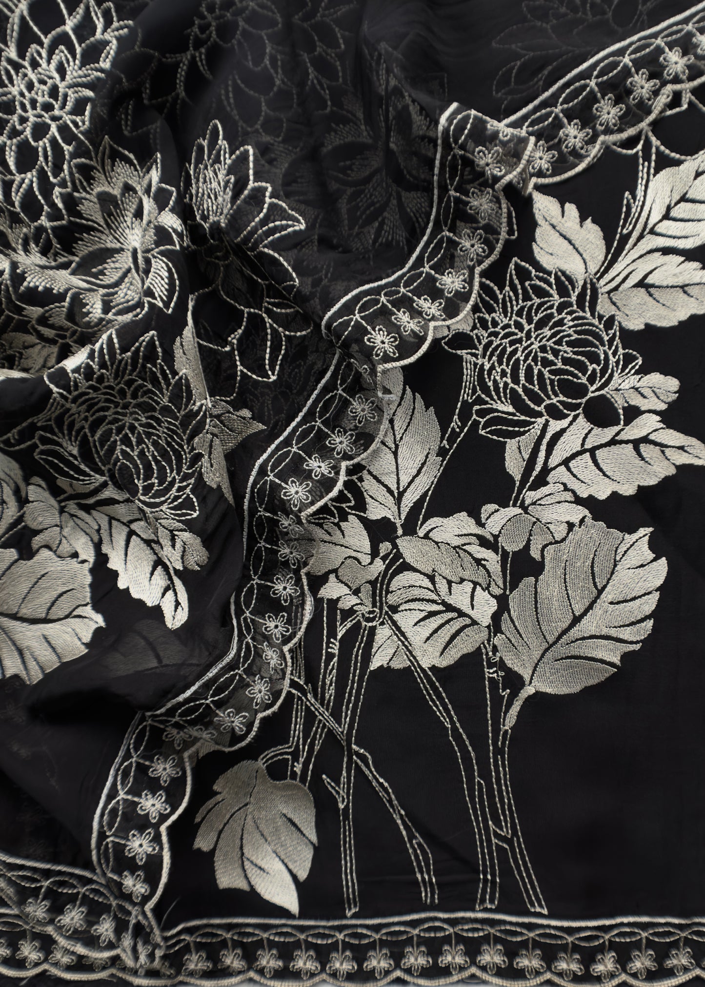 Black Summer Organza Suit With Peonies Resham Embroidery