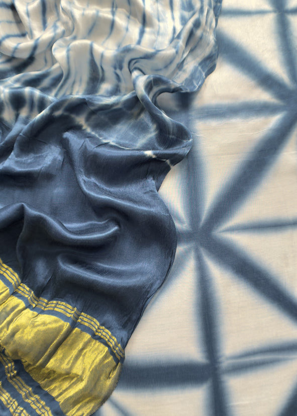 Indigo Hand-Dyed Shibori Print Pure Gajji Silk Suit With Zari Border