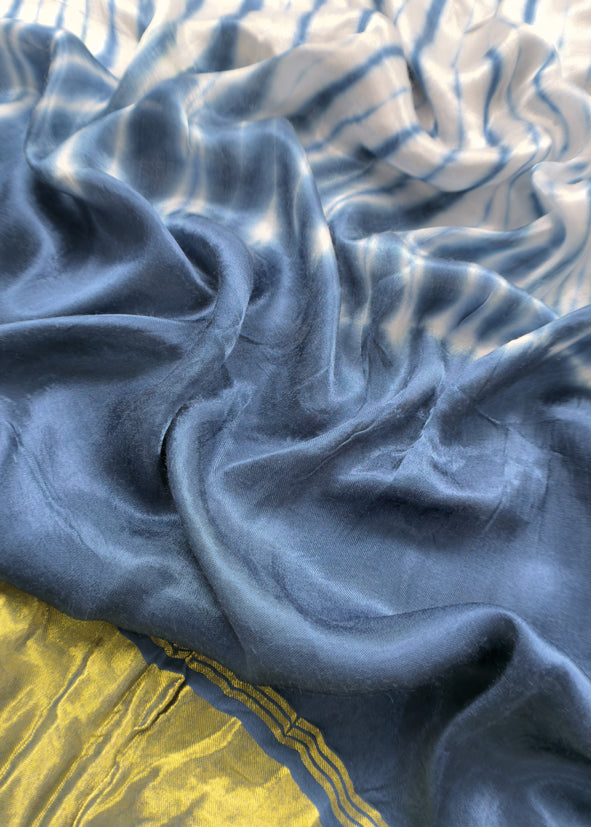 Indigo Hand-Dyed Shibori Print Pure Gajji Silk Suit With Zari Border