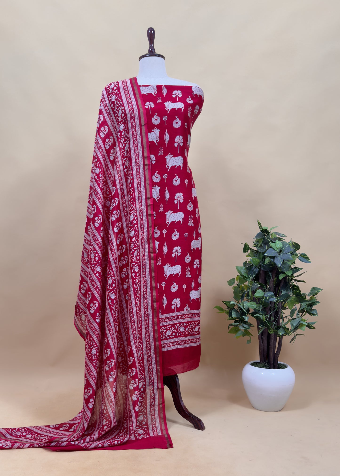 Red Pure Maheshwari Silk Unstitched Suit With Dupatta