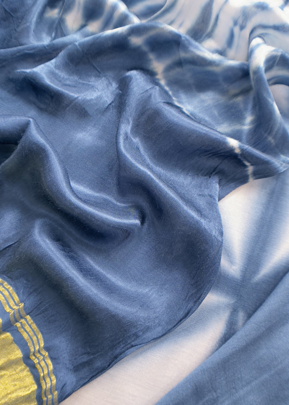 Indigo Hand-Dyed Shibori Print Pure Gajji Silk Suit With Zari Border