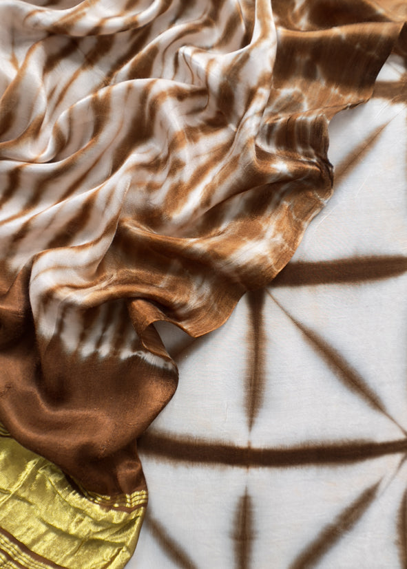 Brown Hand-Dyed Shibori Print Pure Gajji Silk Suit With Zari Border