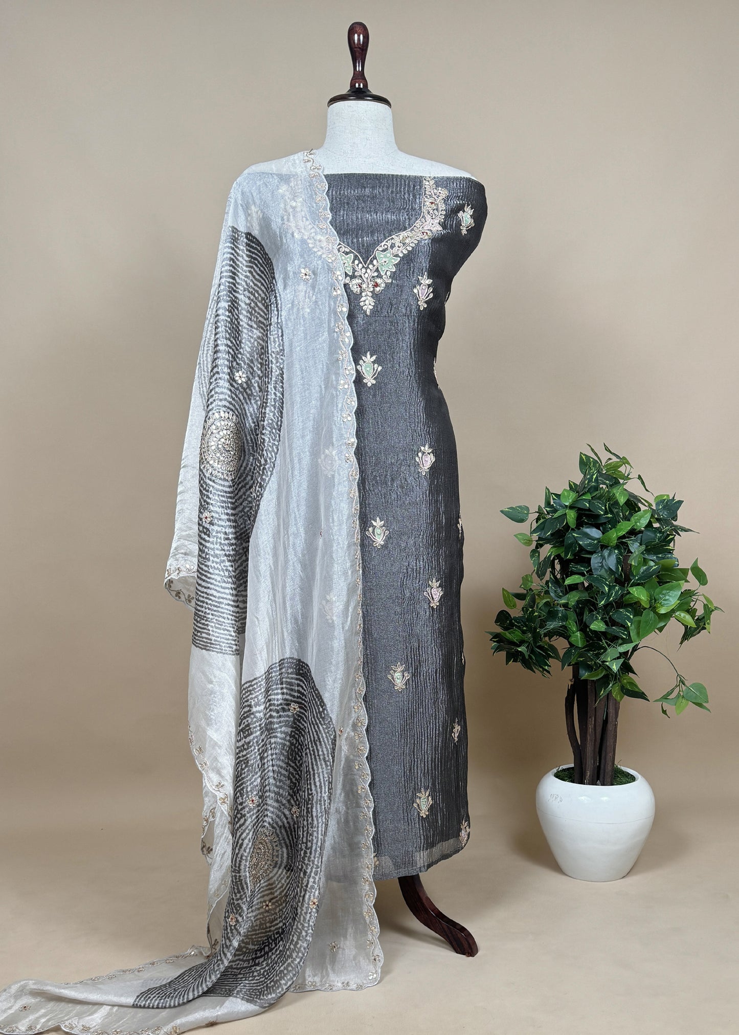 Charcoal Crushed Tissue-Silk Unstitched Suit With Dori Hand Embroidery