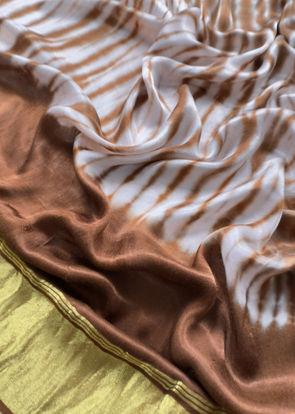Brown Hand-Dyed Shibori Print Pure Gajji Silk Suit With Zari Border