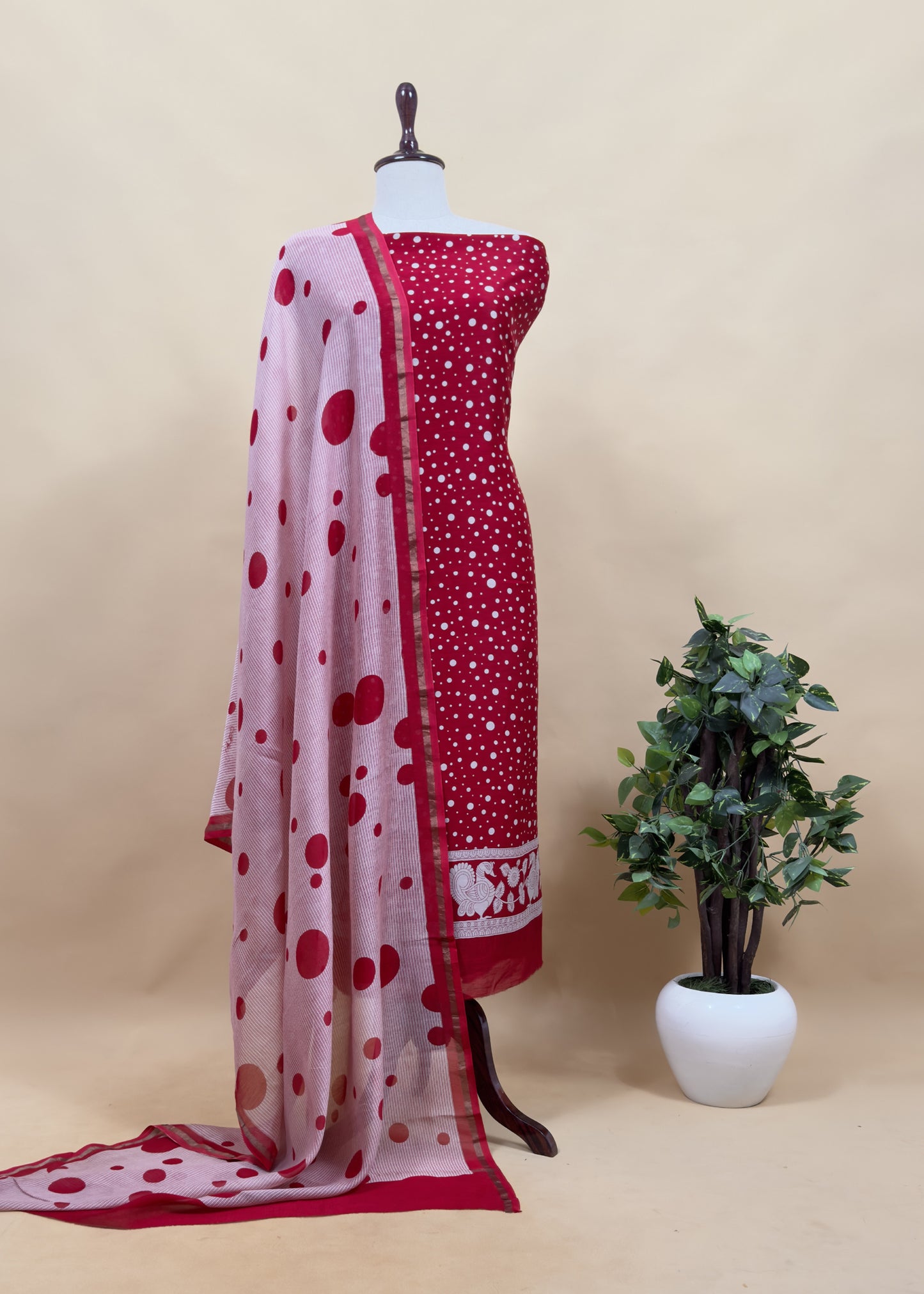 Red Pure Maheshwari Silk Unstitched Suit With Dupatta
