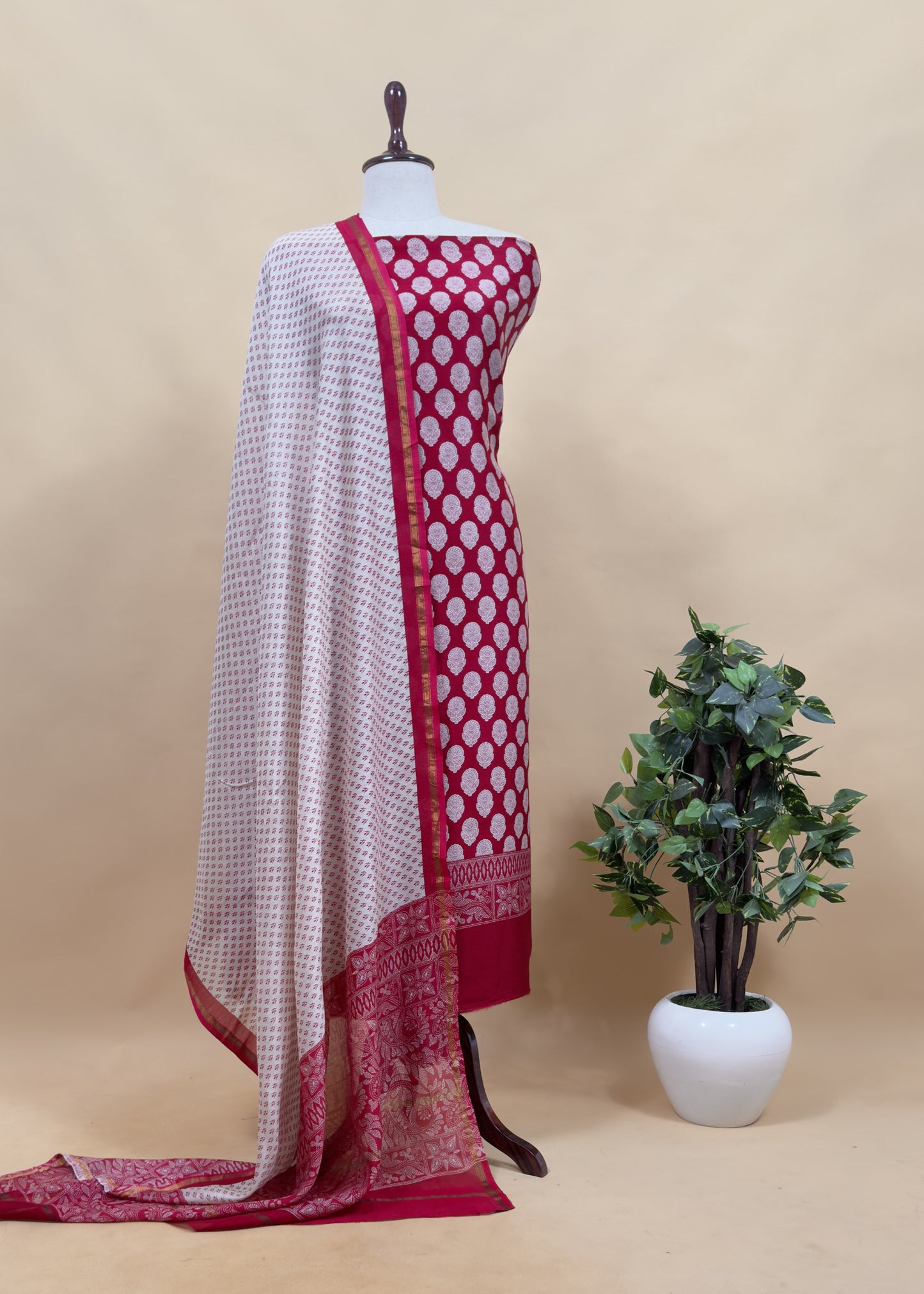 Red and White Maheshwari Silk Suit With Block Print Dupatta
