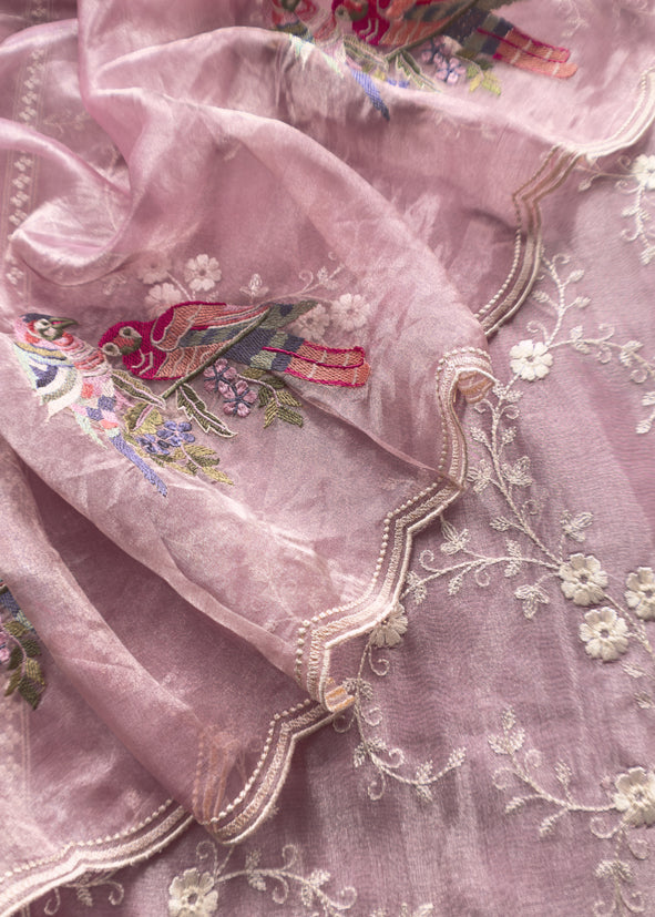 Lavender Rose Resham Embroidered Tissue Unstitched Suit Set