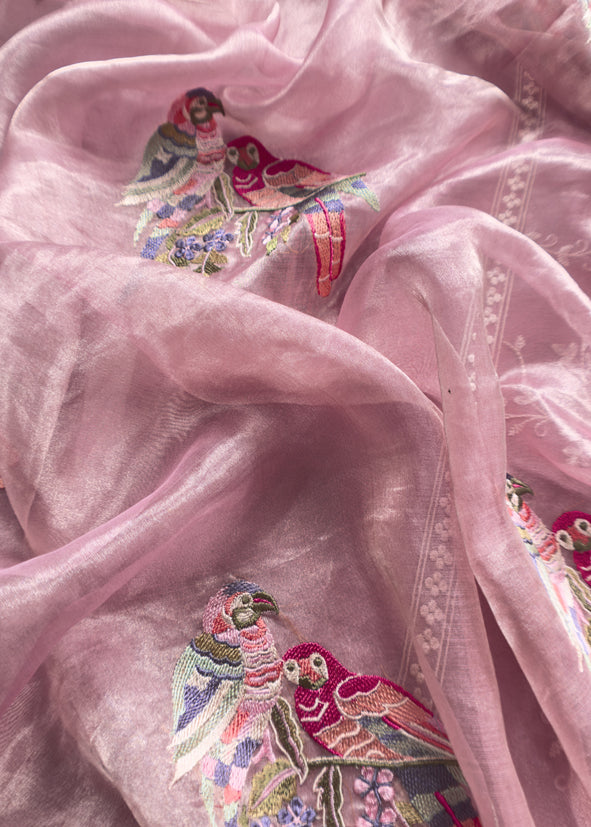Lavender Rose Resham Embroidered Tissue Unstitched Suit Set