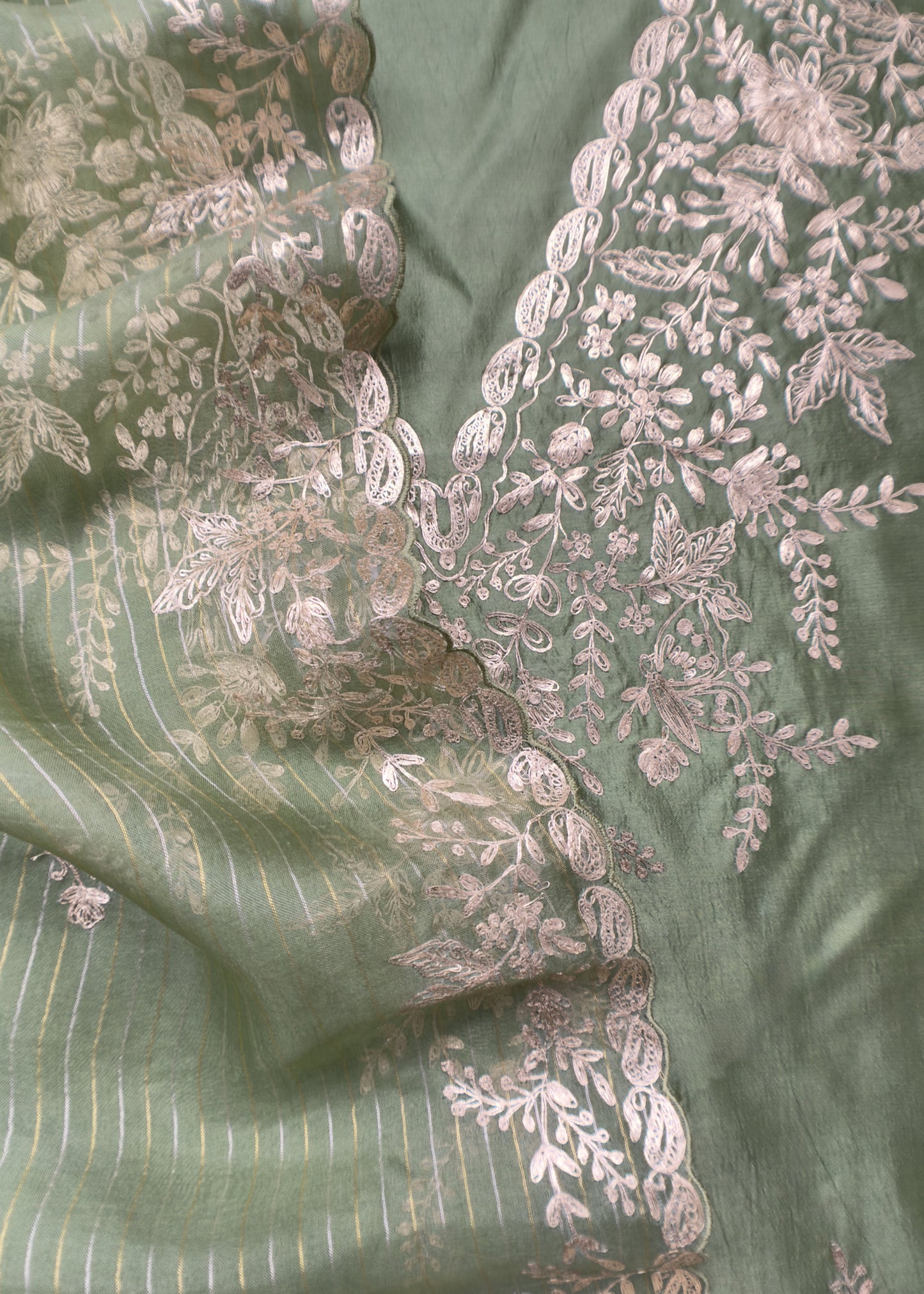 Jade Green Tussar Silk Unstitched Suit With Pitta Work