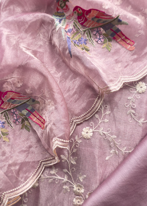 Lavender Rose Resham Embroidered Tissue Unstitched Suit Set