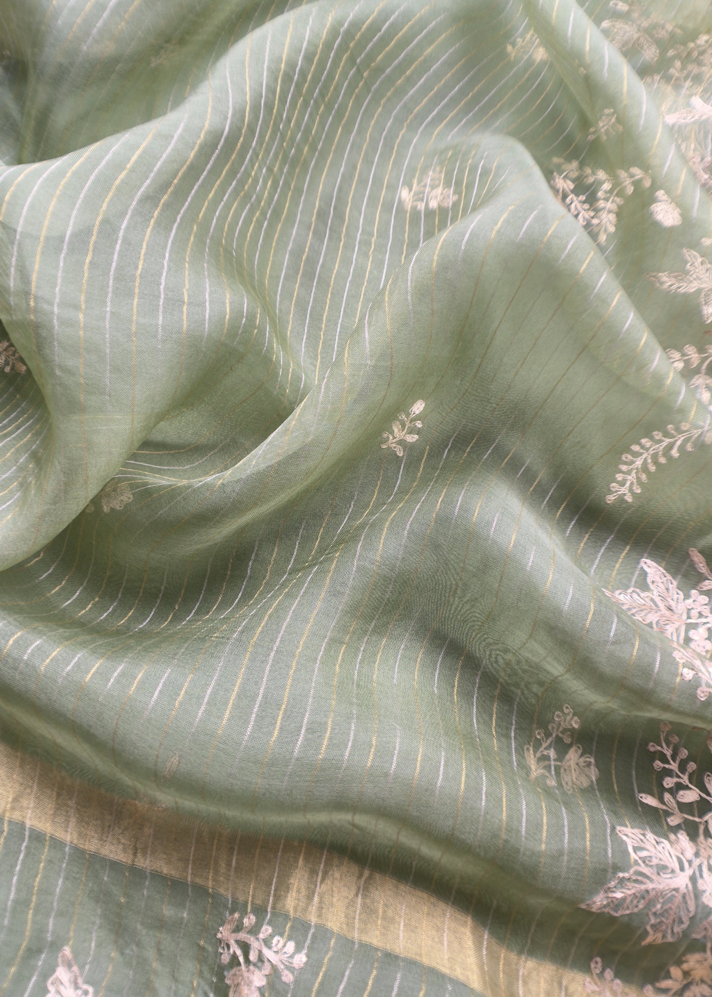 Jade Green Tussar Silk Unstitched Suit With Pitta Work