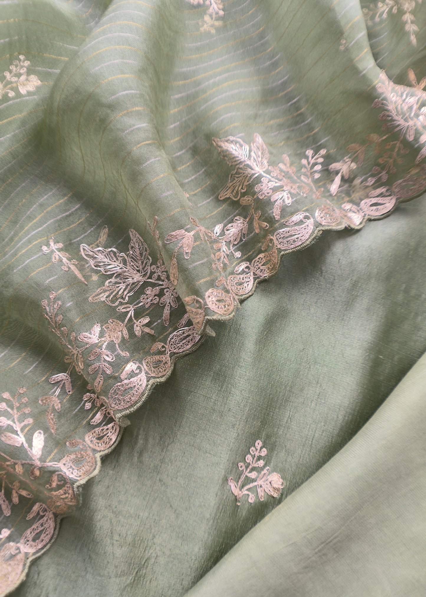 Jade Green Tussar Silk Unstitched Suit With Pitta Work