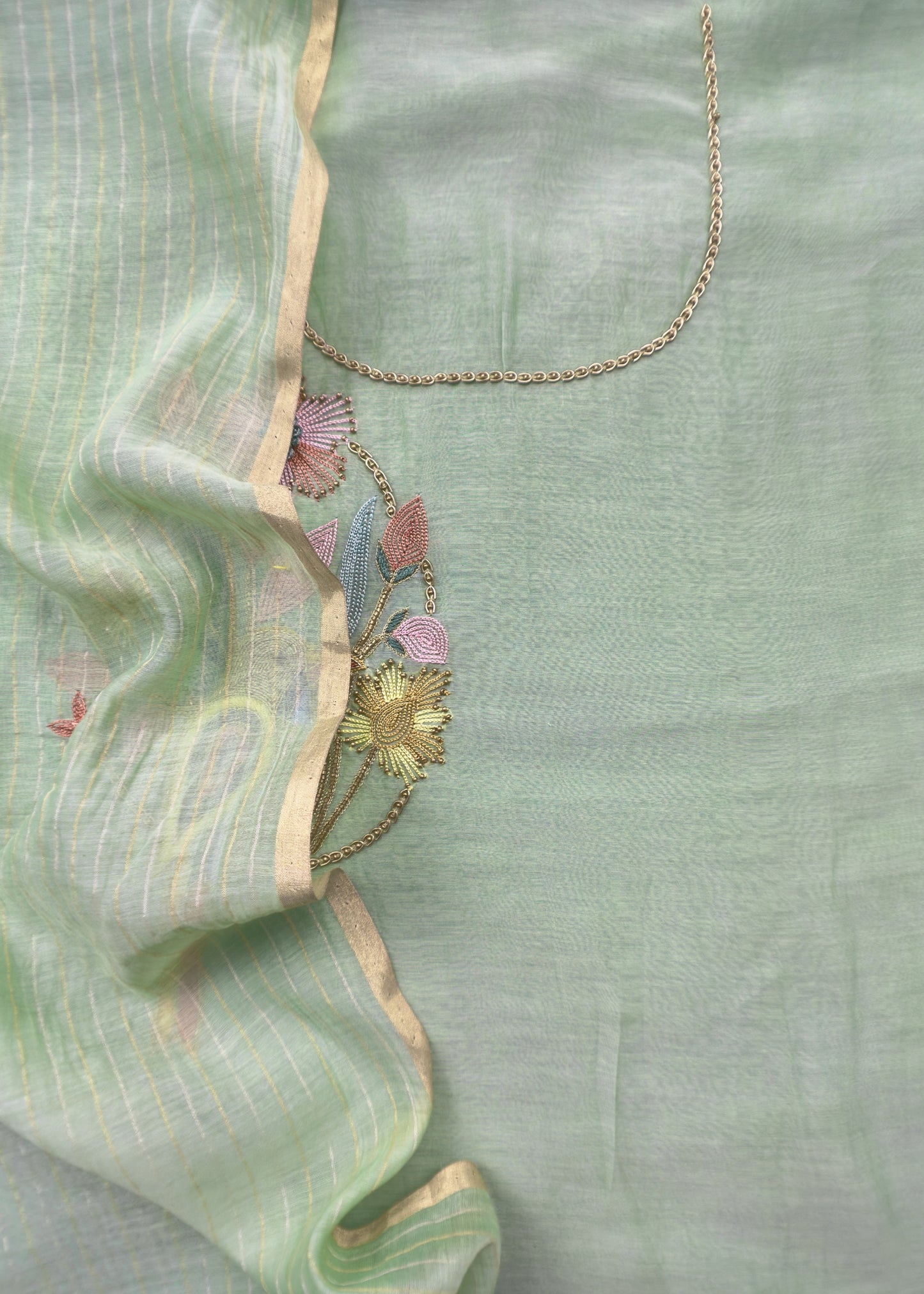 Fern Green Premium Mul Chanderi Chidiya Suit With Handwork