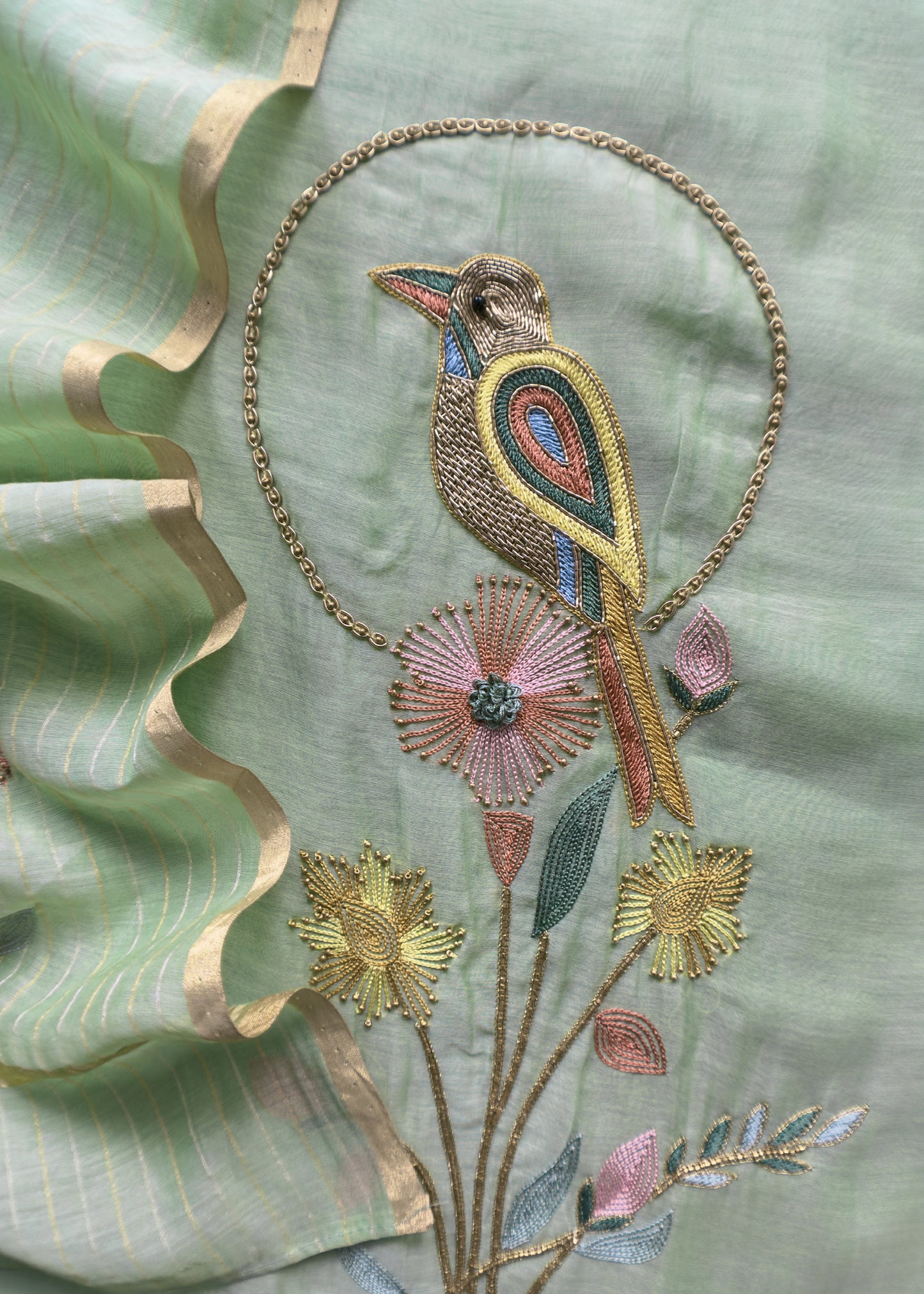Fern Green Premium Mul Chanderi Chidiya Suit With Handwork