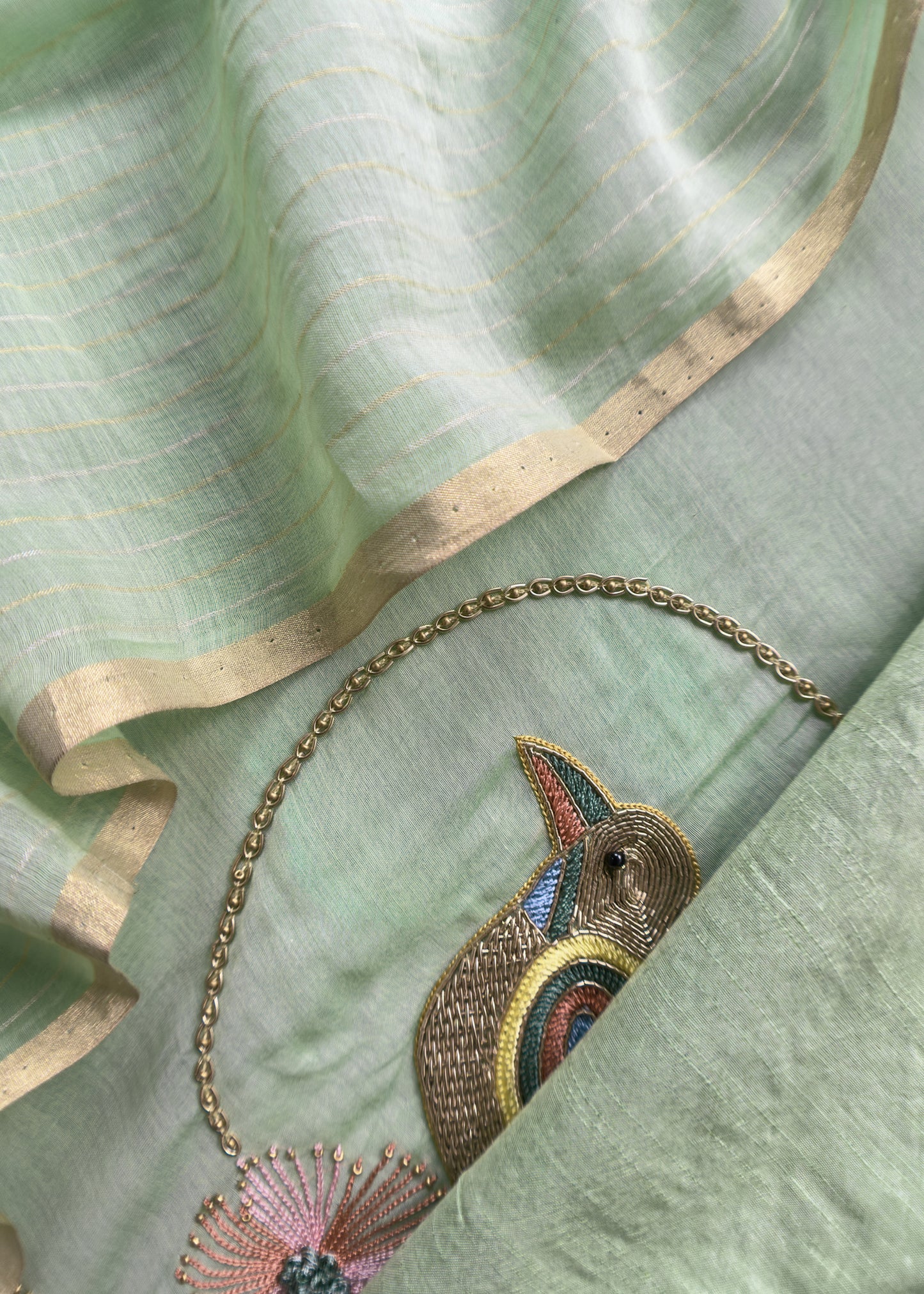 Fern Green Premium Mul Chanderi Chidiya Suit With Handwork