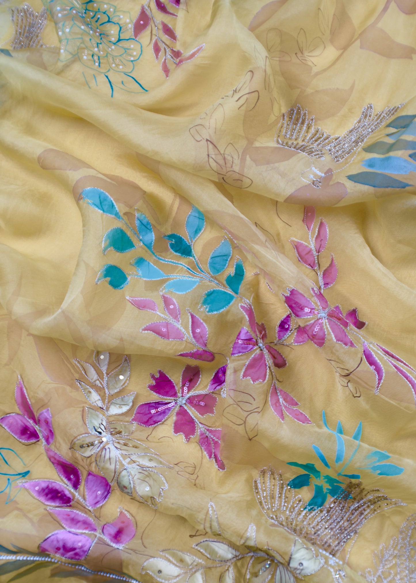Yellow Hand Painted Unstitched Suit In Pure Organza Silk