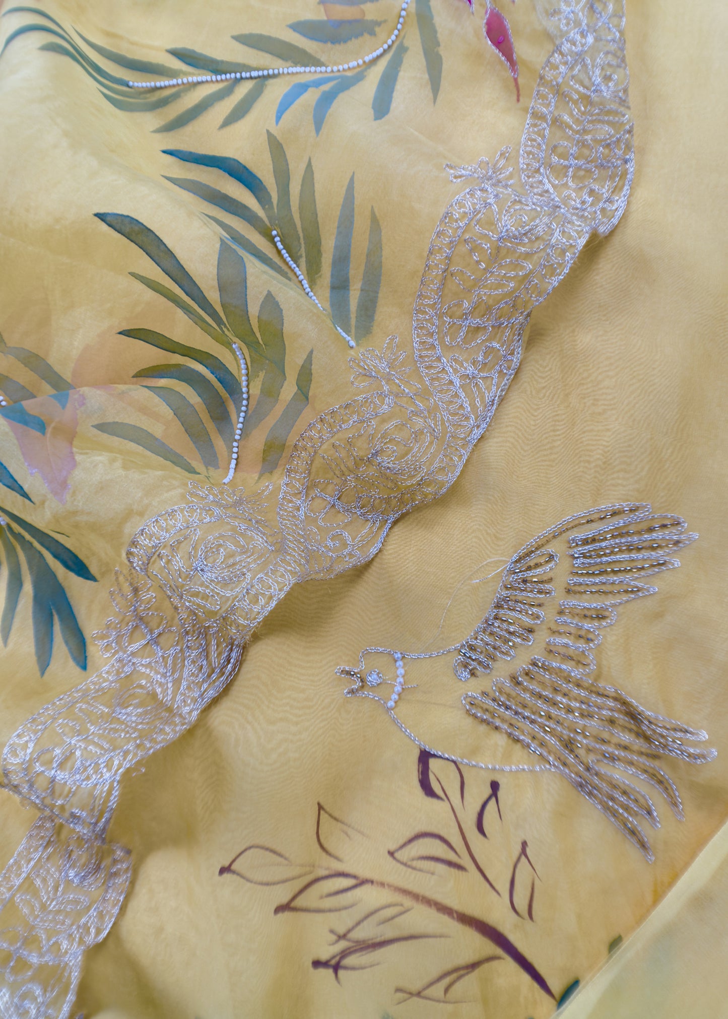 Yellow Hand Painted Unstitched Suit In Pure Organza Silk