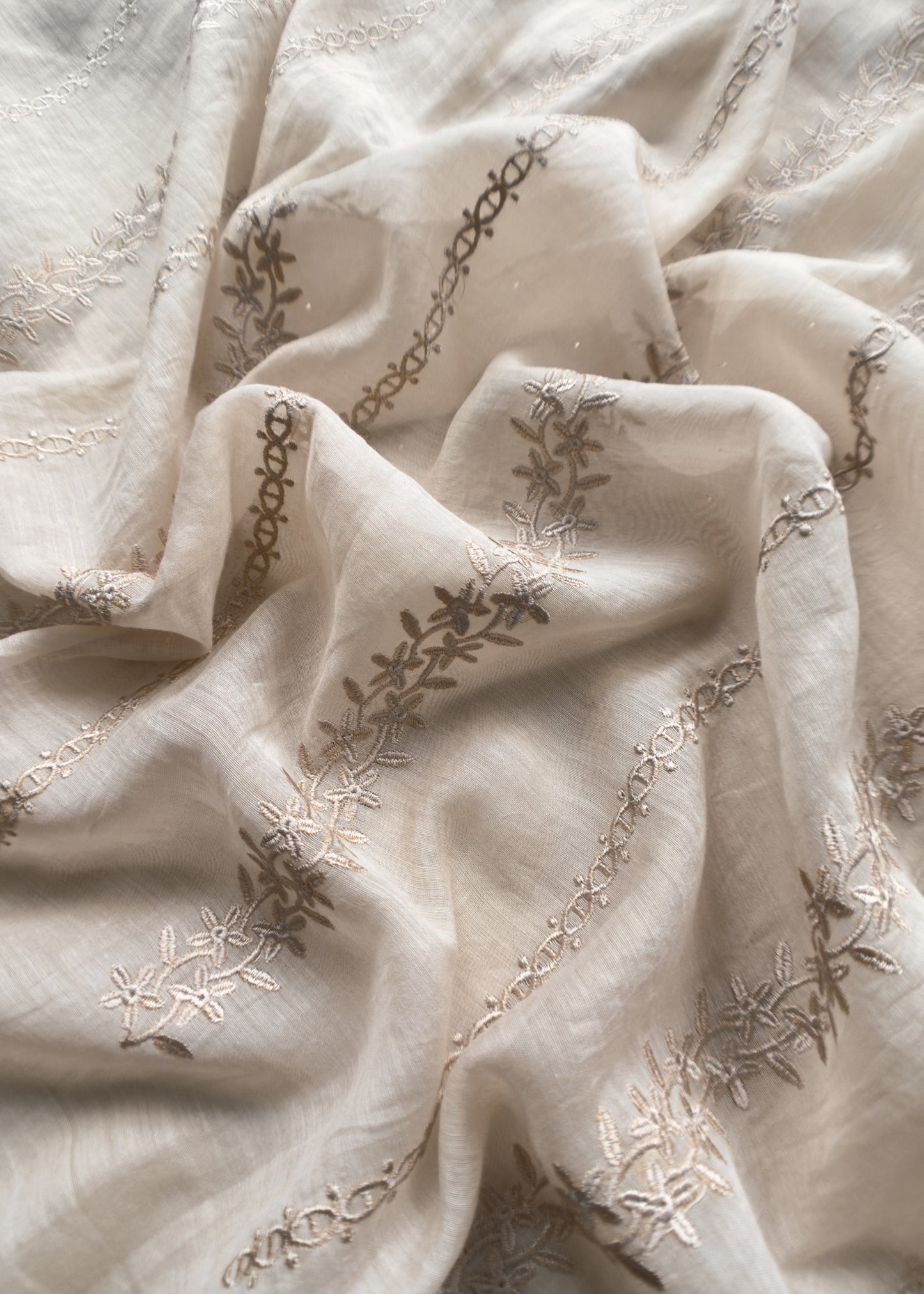 Dove White Premium Handloom Chanderi Suit With Pitta Handwork And Mul Chanderi Dupatta