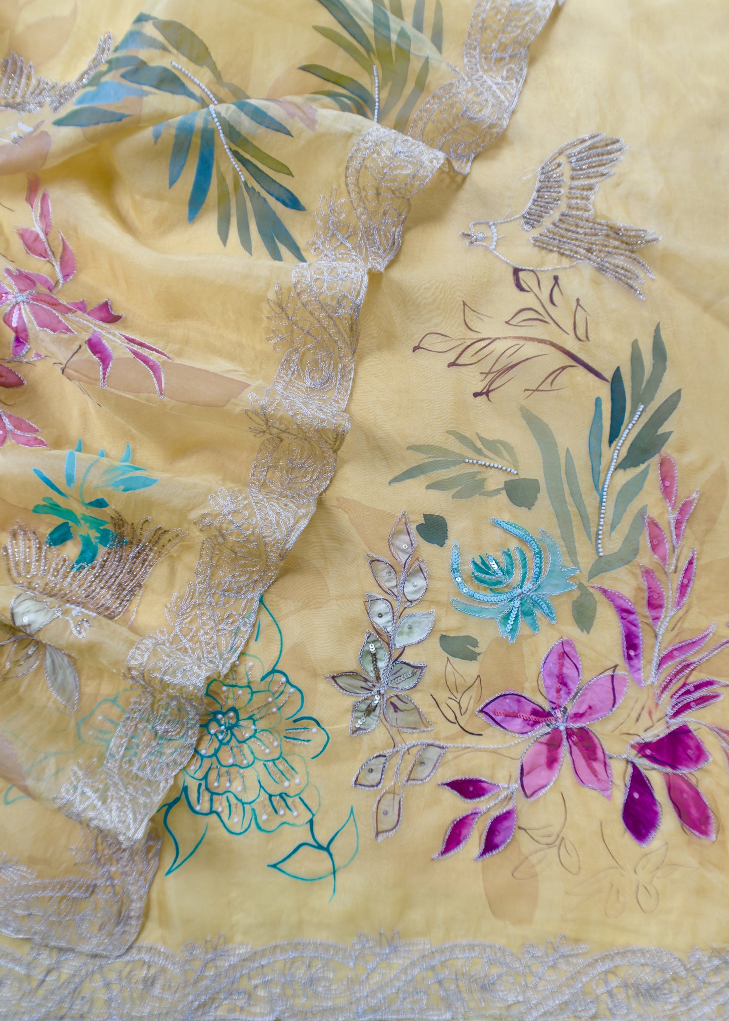 Yellow Hand Painted Unstitched Suit In Pure Organza Silk