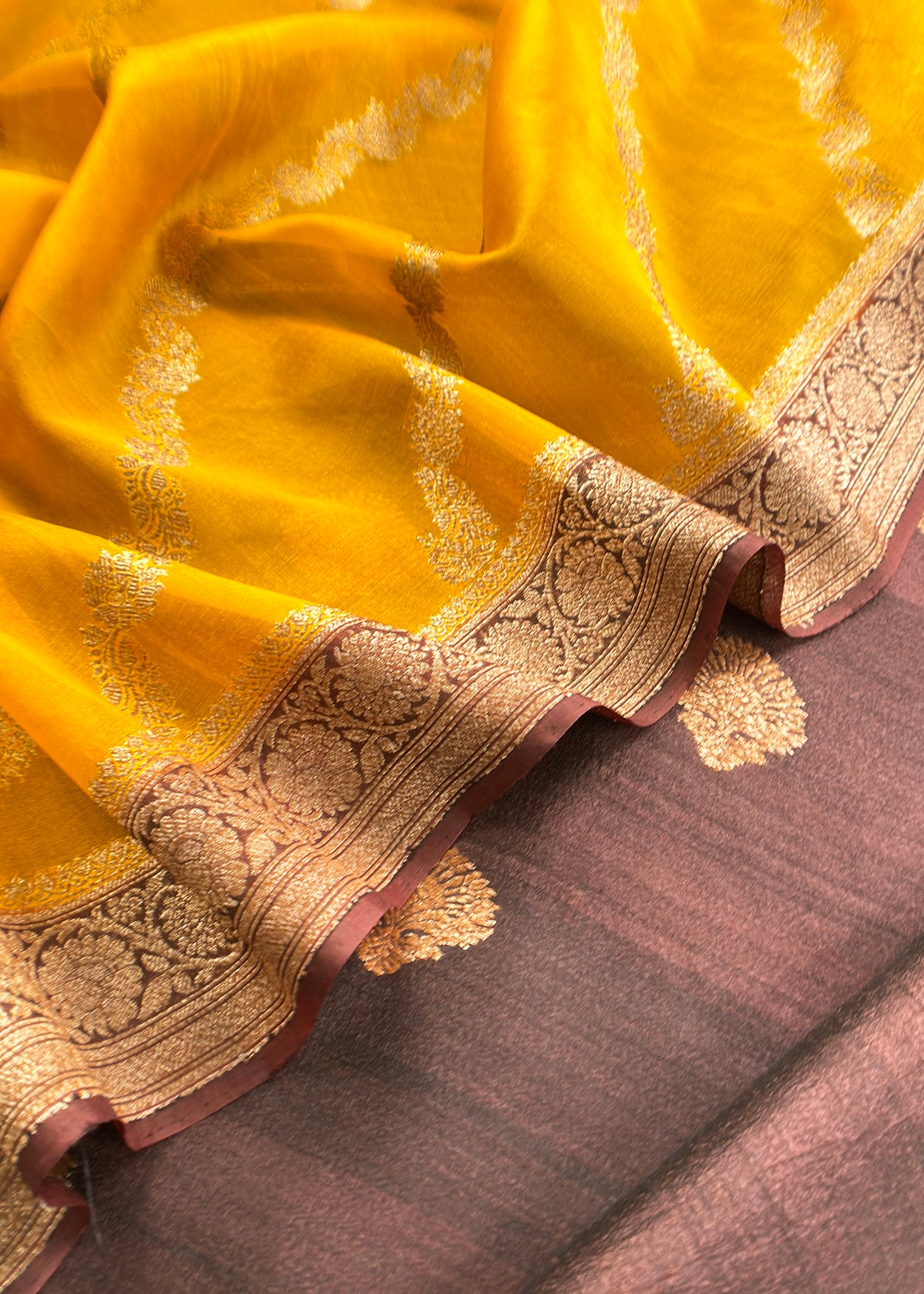 Brown And Yellow Handloom Raw Silk Suit With Kora Silk Dupatta