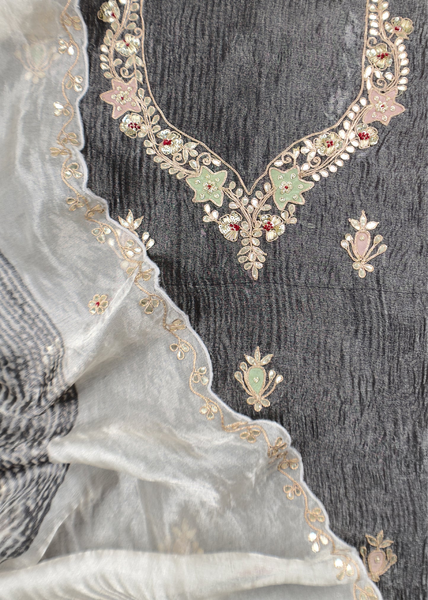 Charcoal Crushed Tissue-Silk Unstitched Suit With Dori Hand Embroidery