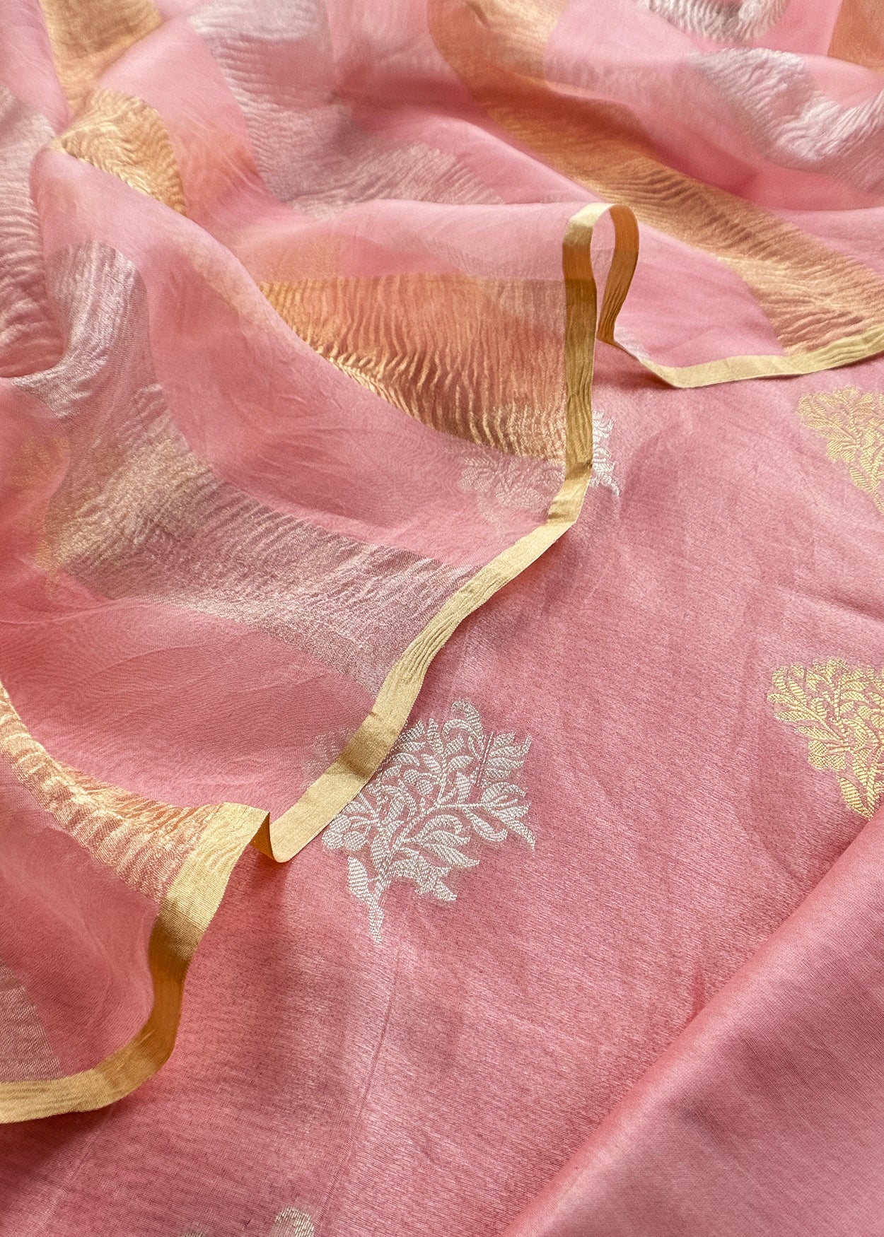 Peach Handloom Banarasi Unstitched Suit In Kora Tissue Silk