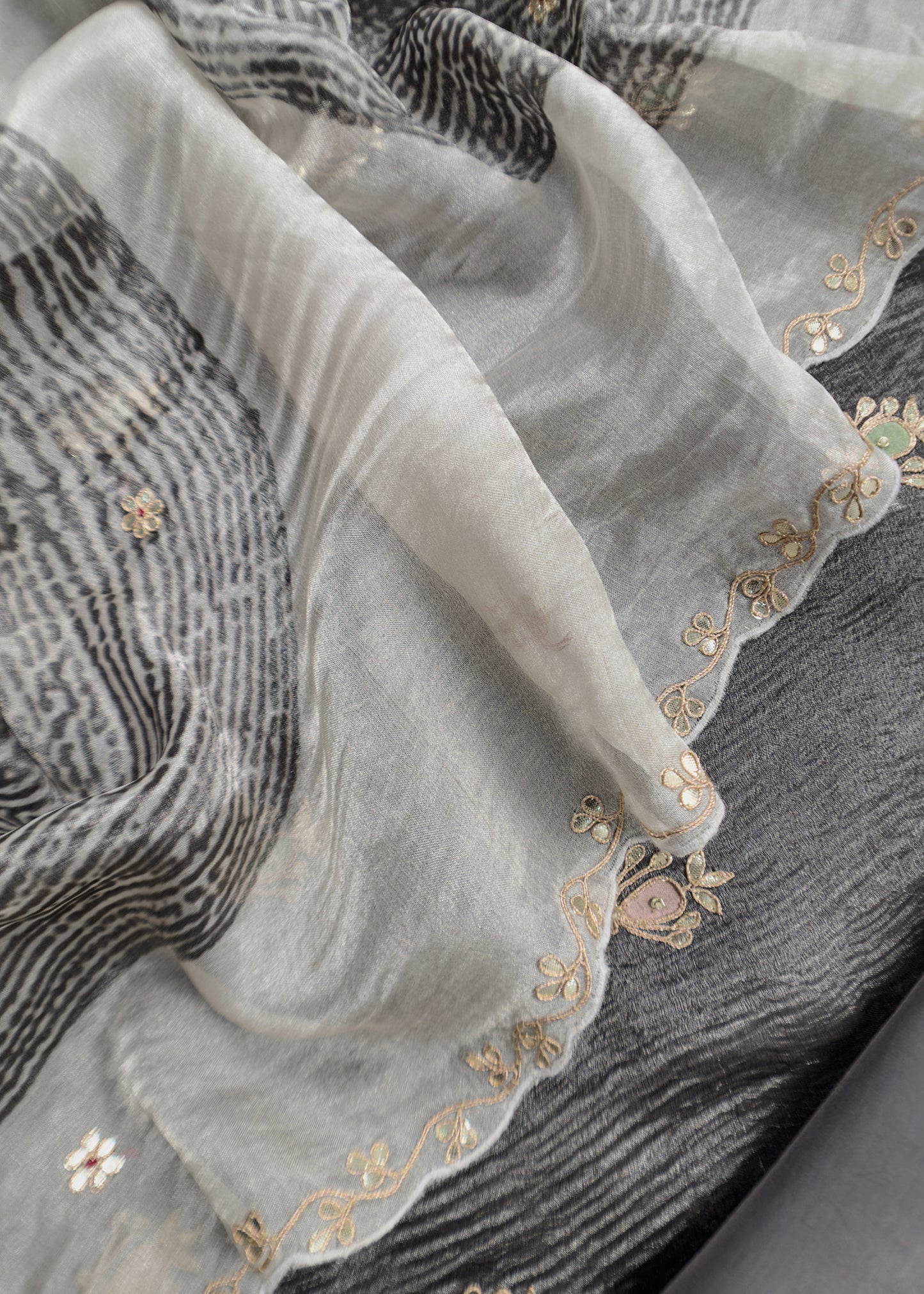 Charcoal Crushed Tissue-Silk Unstitched Suit With Dori Hand Embroidery