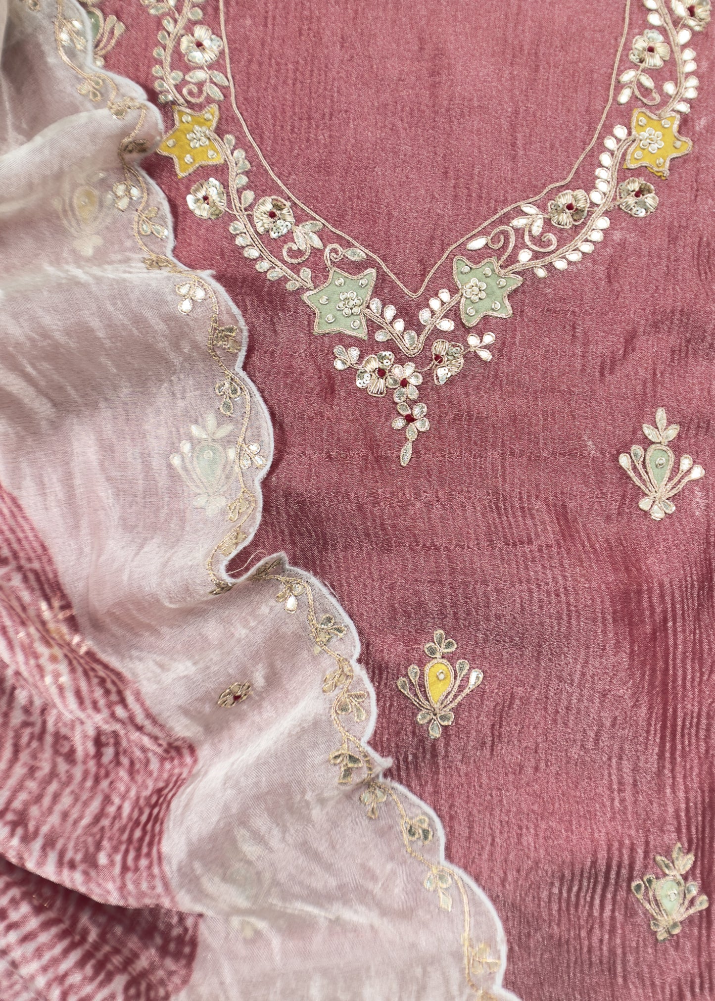 Red Handwoven Crushed Tissue-Silk Unstitched Suit With Dori Hand Embroidery