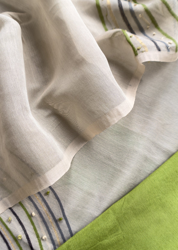 Green Jamdani Weaved Muslin Suit With Kantha Embroidery