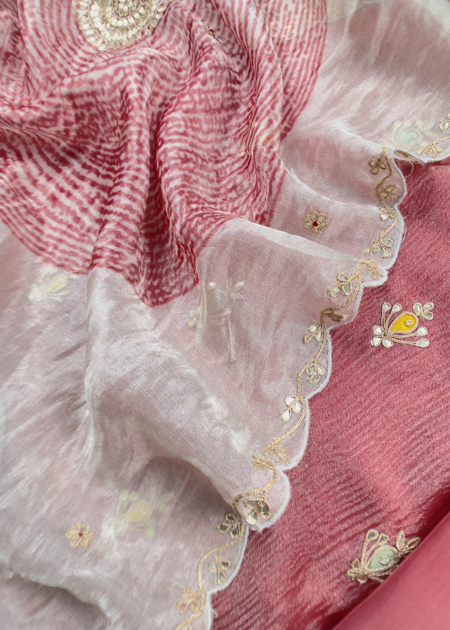 Red Handwoven Crushed Tissue-Silk Unstitched Suit With Dori Hand Embroidery