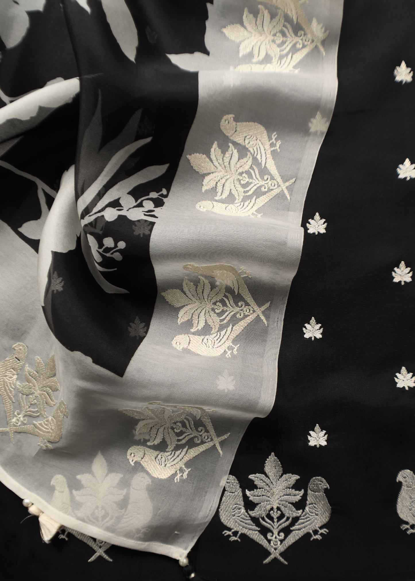 Midnight Black And White Kalasheel Luxe Organza Suit With Silver Parrots