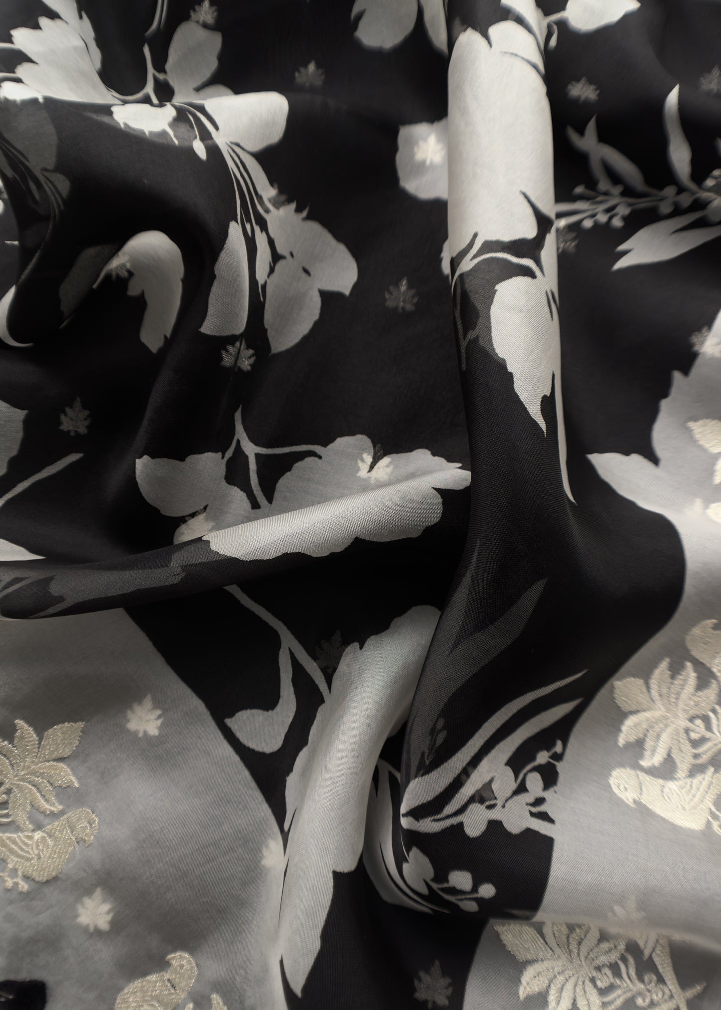 Midnight Black And White Kalasheel Luxe Organza Suit With Silver Parrots