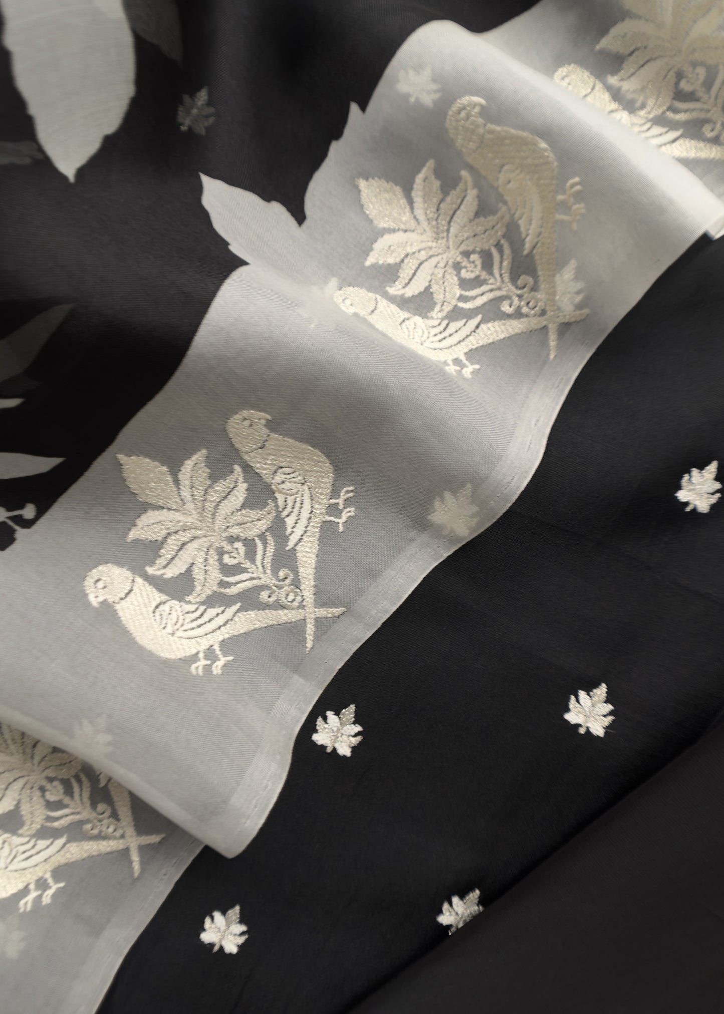 Midnight Black And White Kalasheel Luxe Organza Suit With Silver Parrots