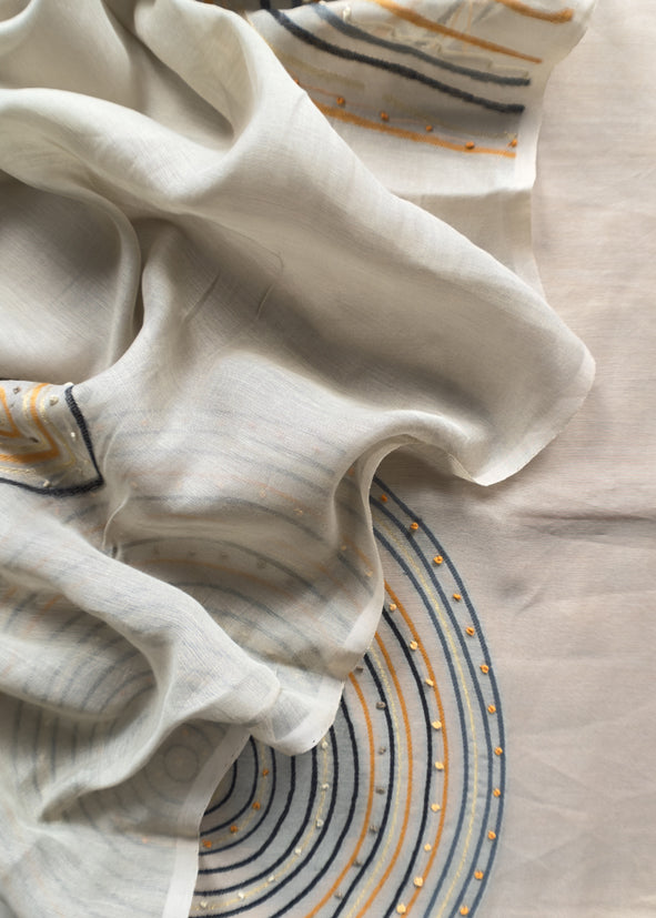 Yellow Jamdani Weaved Muslin Suit With Kantha Embroidery