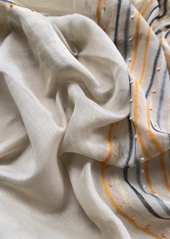 Yellow Jamdani Weaved Muslin Suit With Kantha Embroidery