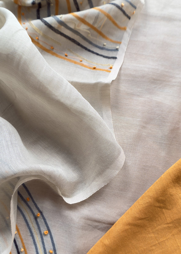 Yellow Jamdani Weaved Muslin Suit With Kantha Embroidery