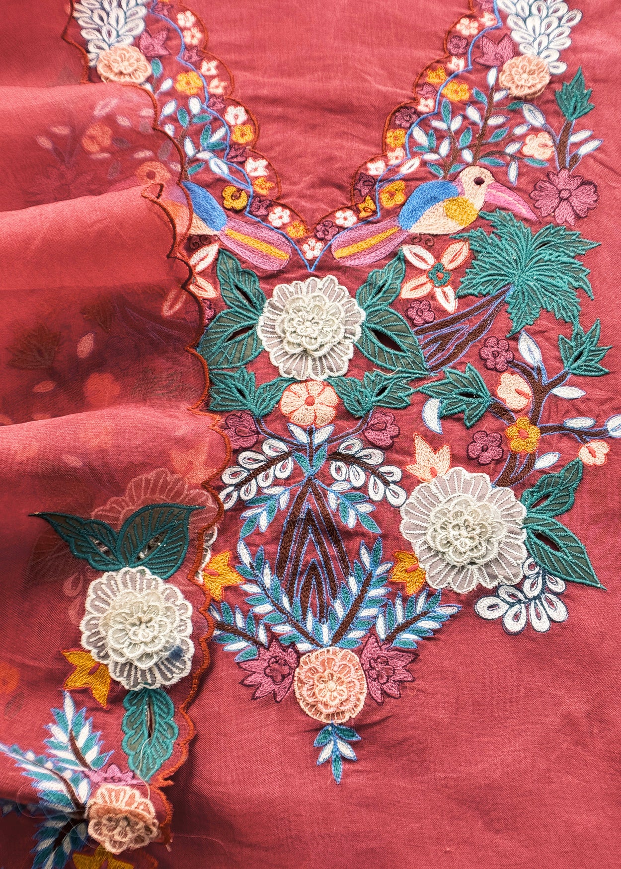 Garden Of Dreams Luxe Rust Orange Handloom Kora Silk Suit Fabric With Appliqué Work And French Thread Embroidery