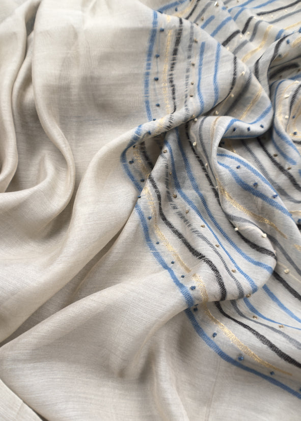 Blue Jamdani Weaved Muslin Suit With Kantha Embroidery