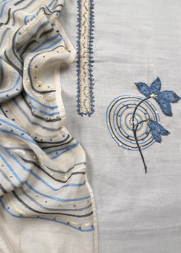 Blue Jamdani Weaved Muslin Suit With Kantha Embroidery