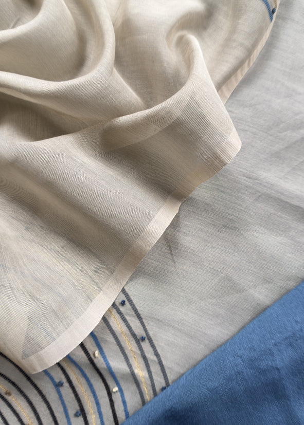 Blue Jamdani Weaved Muslin Suit With Kantha Embroidery