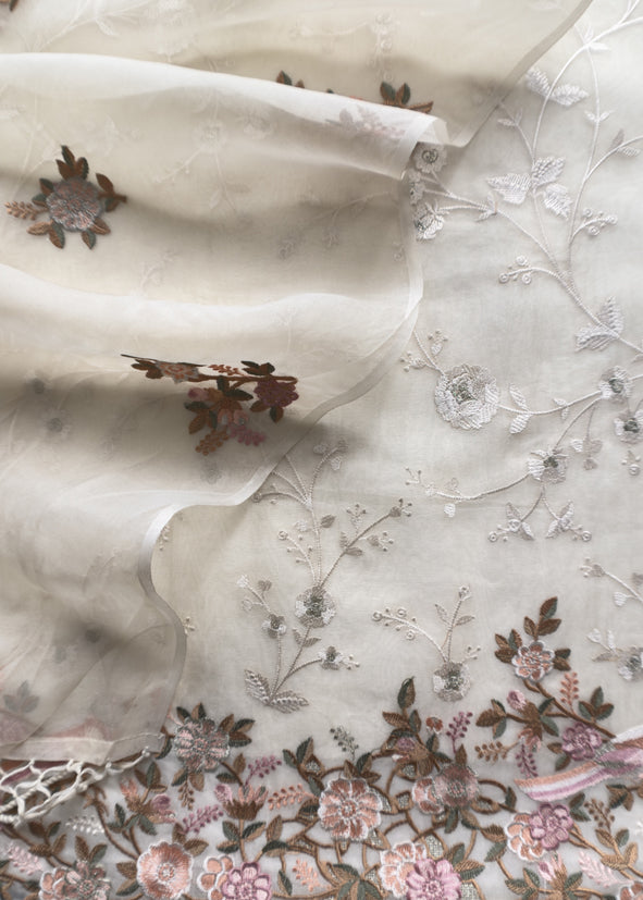 Off White Pure Organza Unstitched Suit With Resham Thread Embroidery