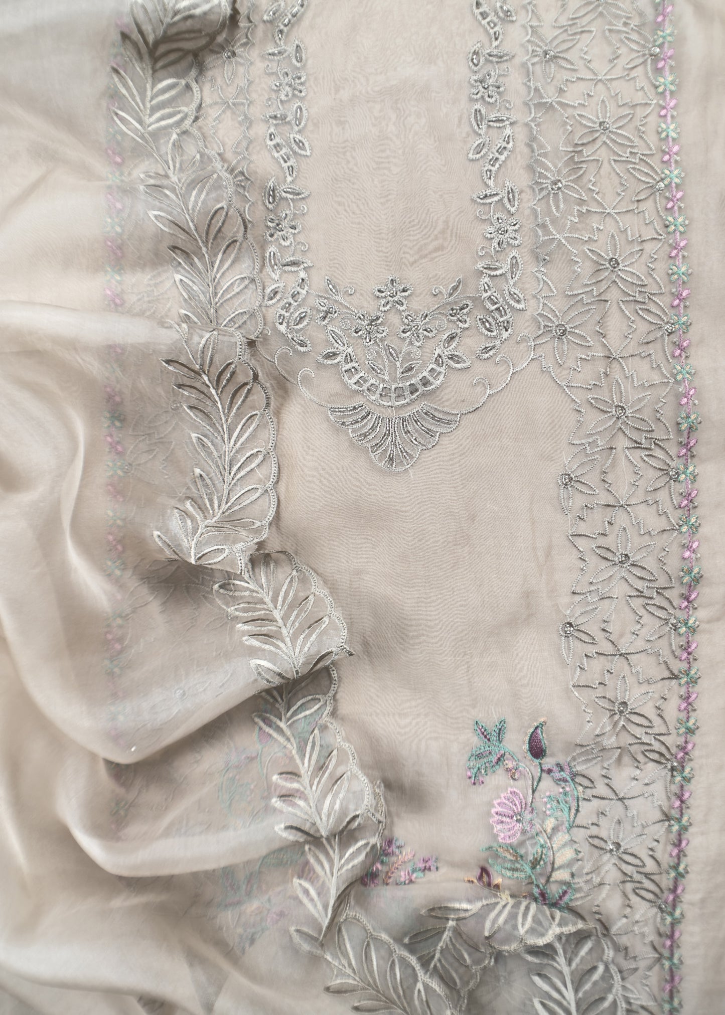 Chikoo Grey Pure Organza Silk Kurta And Dupatta With Plain Bottom