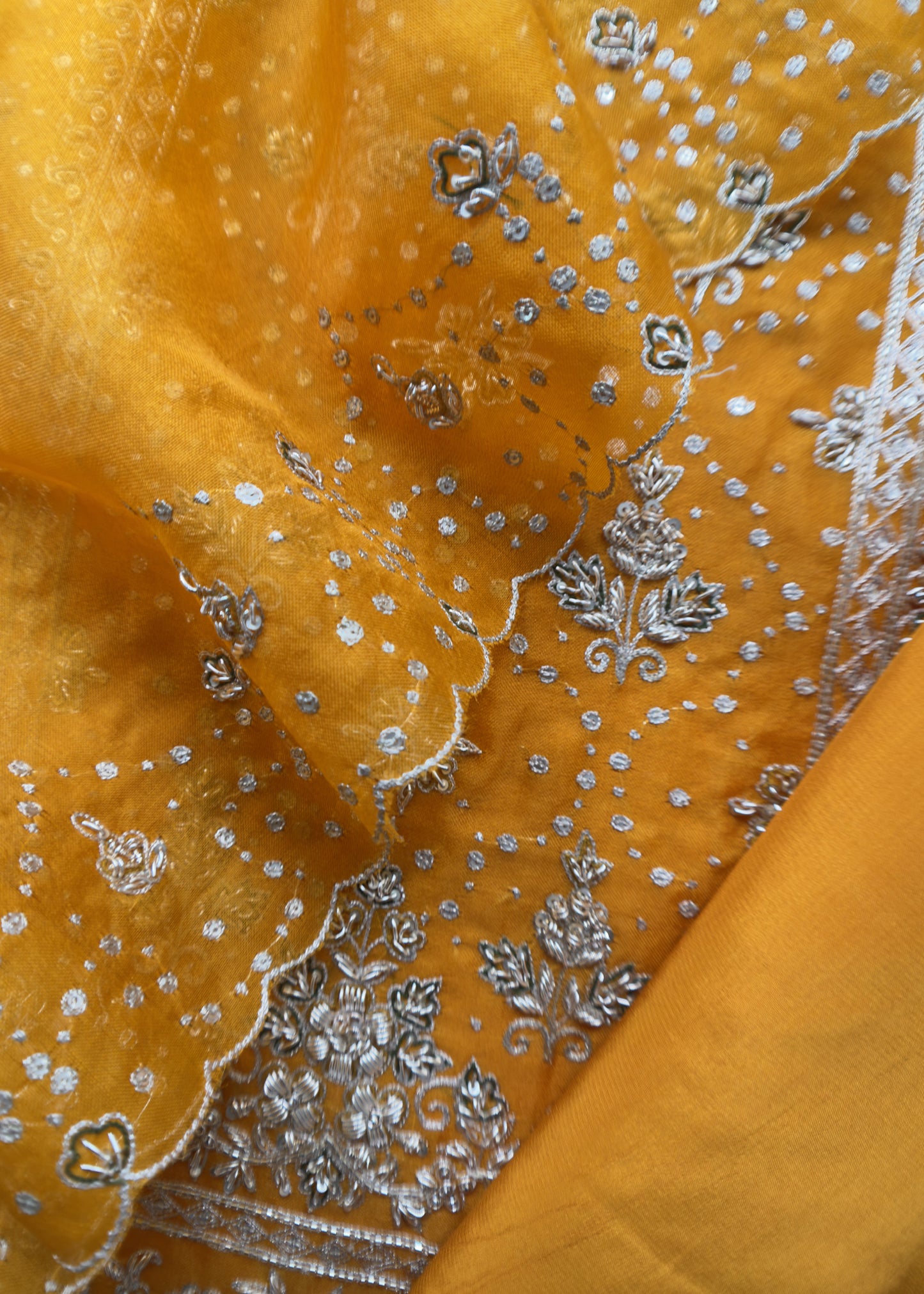 Mumtaaz Kesari Yellow Handloom Organza Suit Set With Dabka And Dori Hand Embroidery