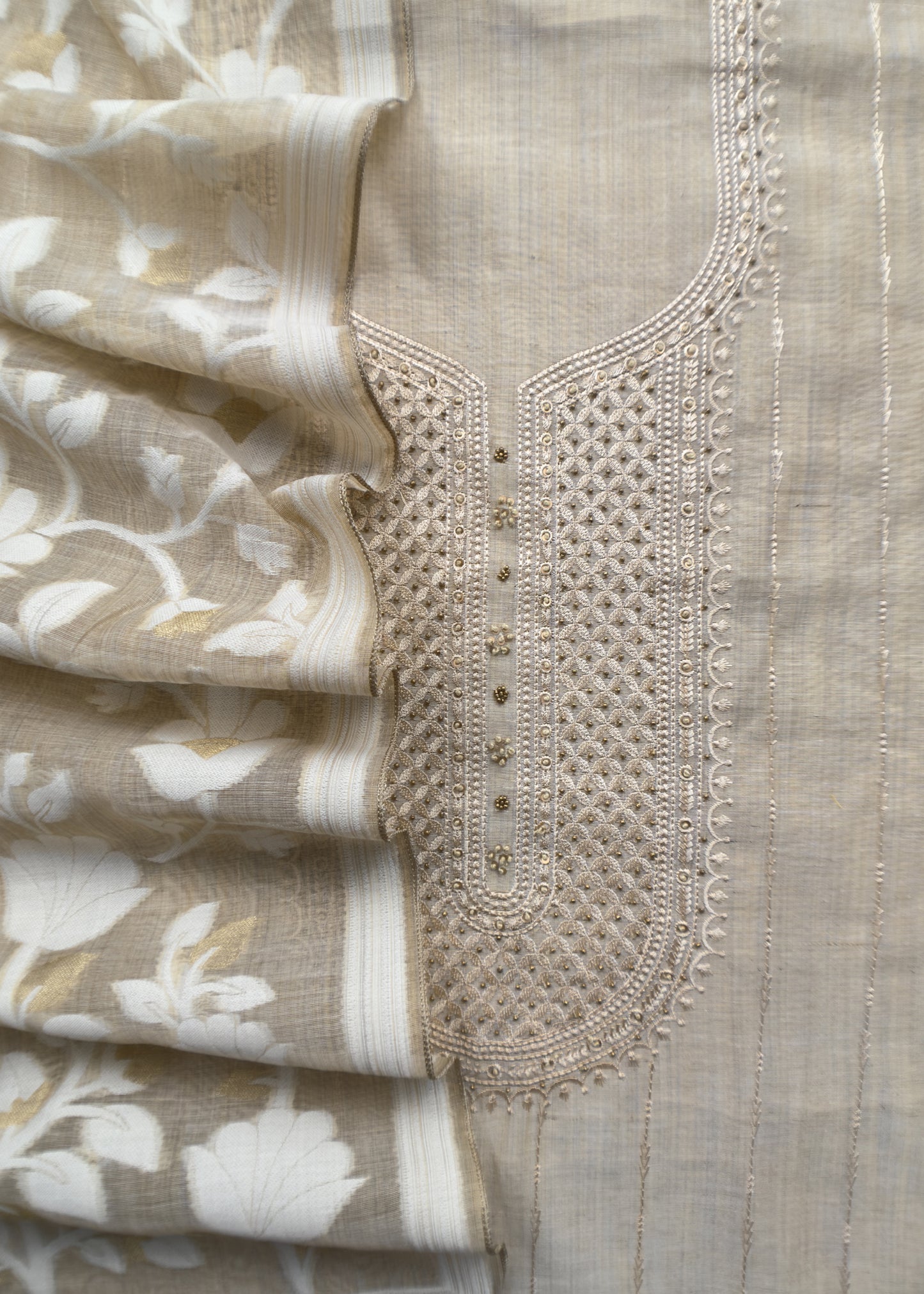 Beige Jamdani Weaved Linen Chanderi Suit With Resham Thread Embroidery