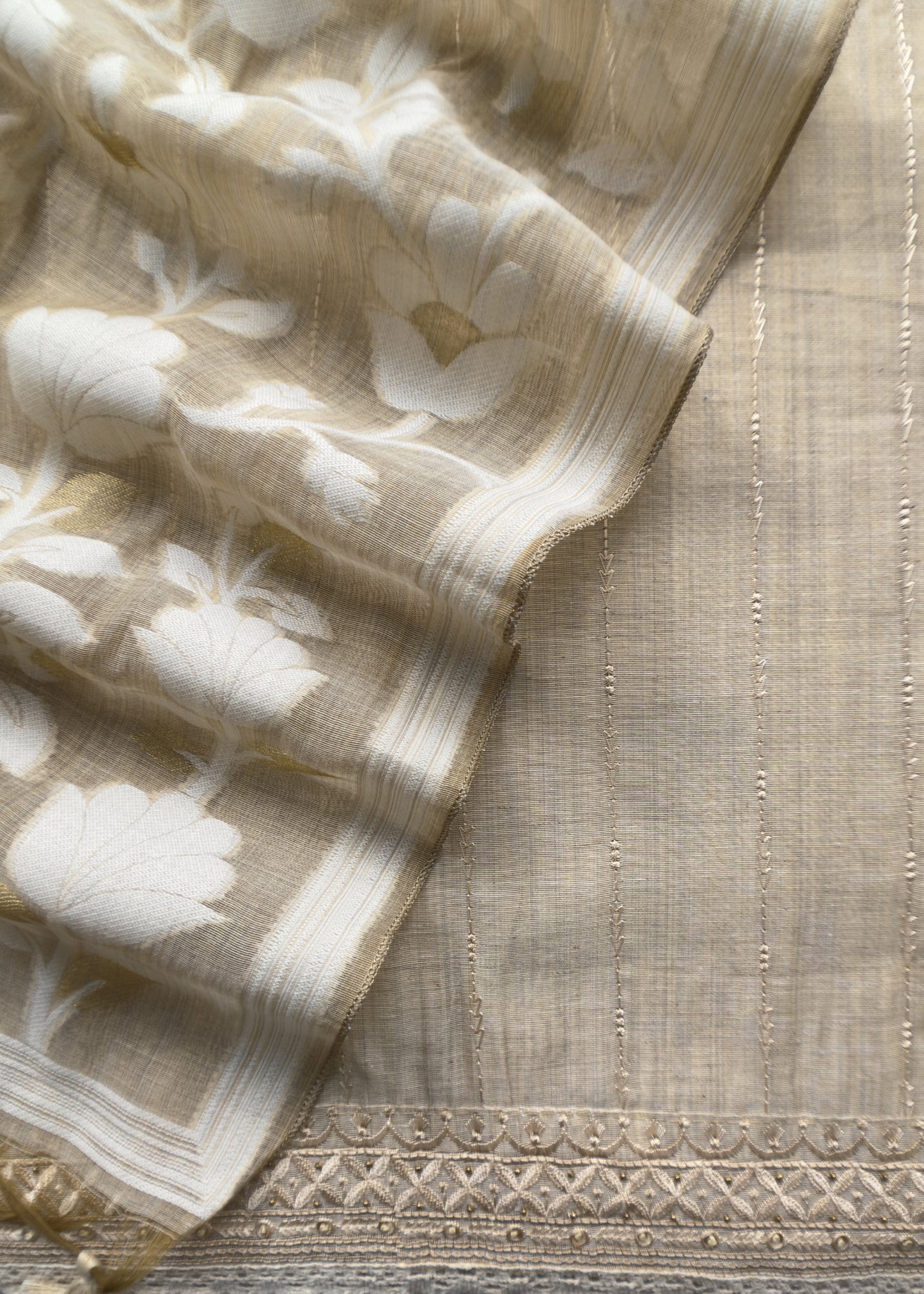 Beige Jamdani Weaved Linen Chanderi Suit With Resham Thread Embroidery