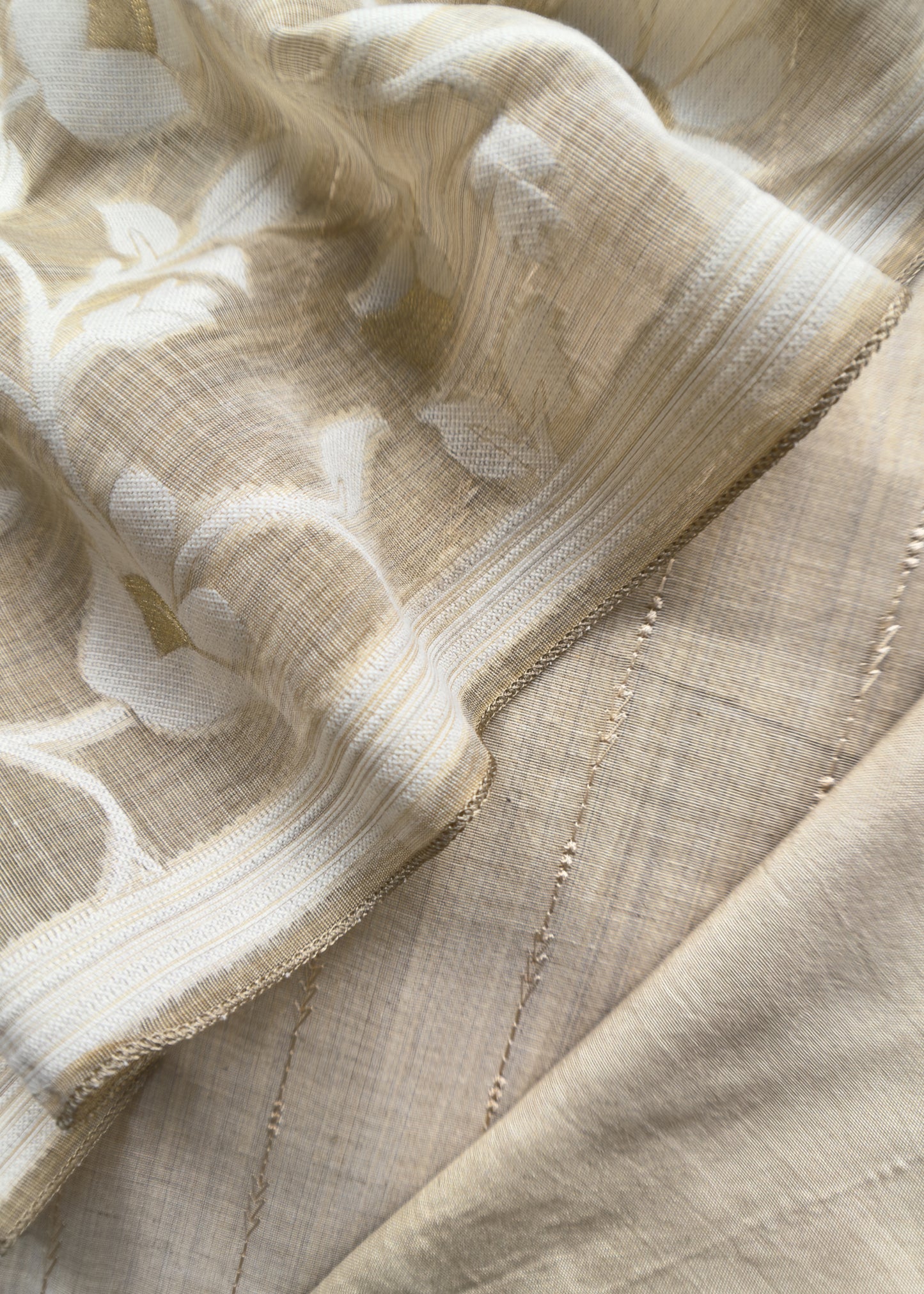 Beige Jamdani Weaved Linen Chanderi Suit With Resham Thread Embroidery