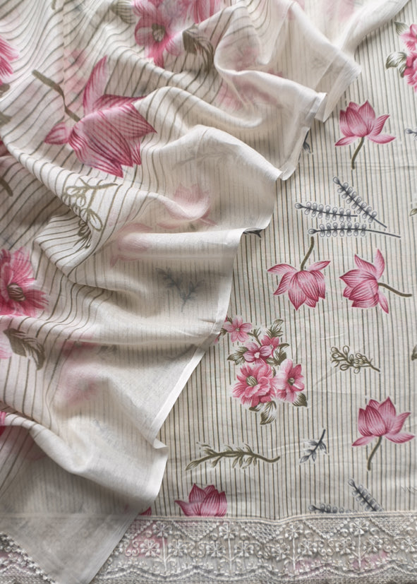 Off White Mul Mul Cotton Unstitched Suit With Dupatta