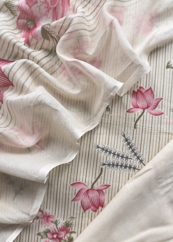 Off White Mul Mul Cotton Unstitched Suit With Dupatta