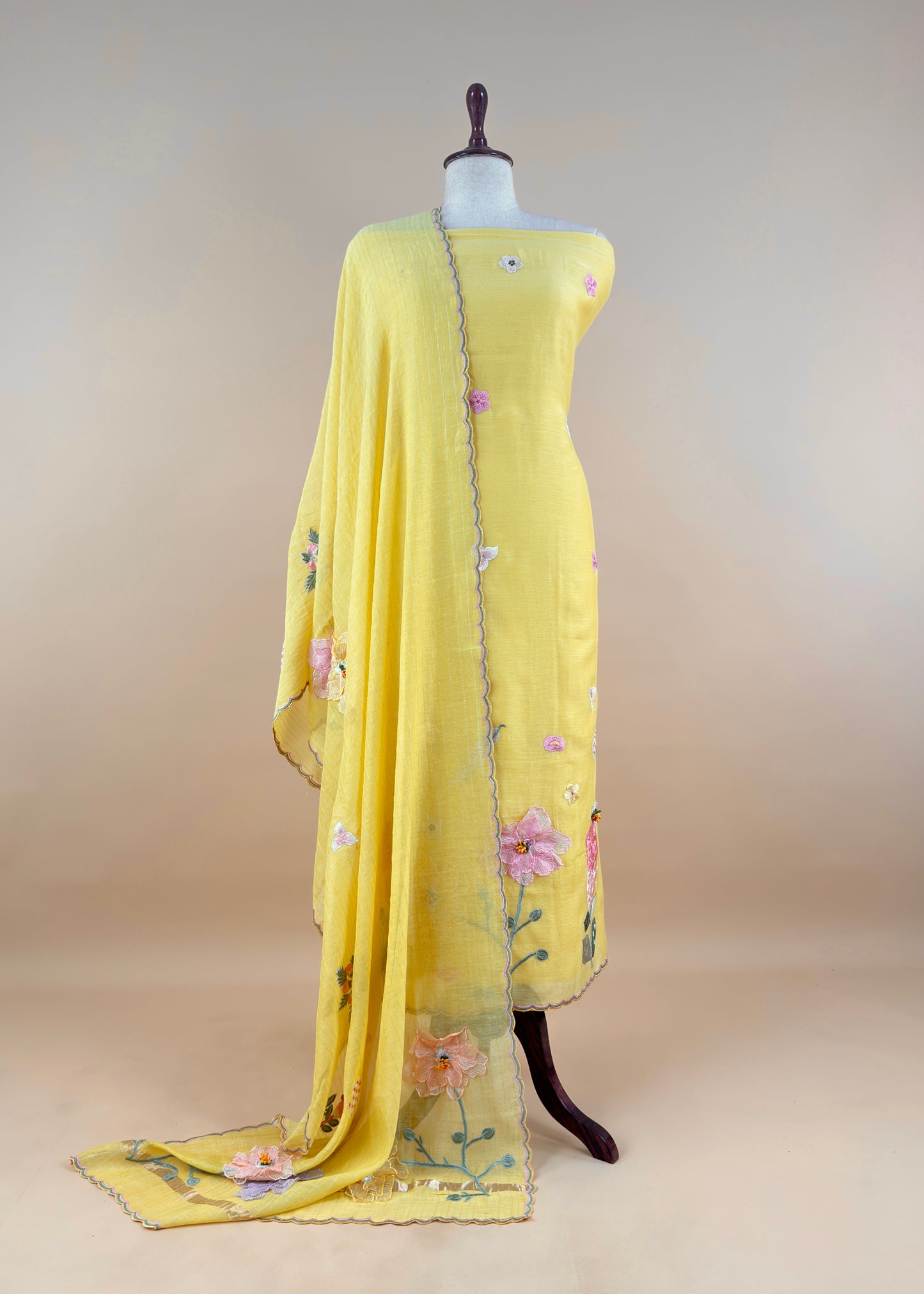 Pink Pastel Gardens Handloom Mulmul Embroidered Suit Set With 3d Applique Work