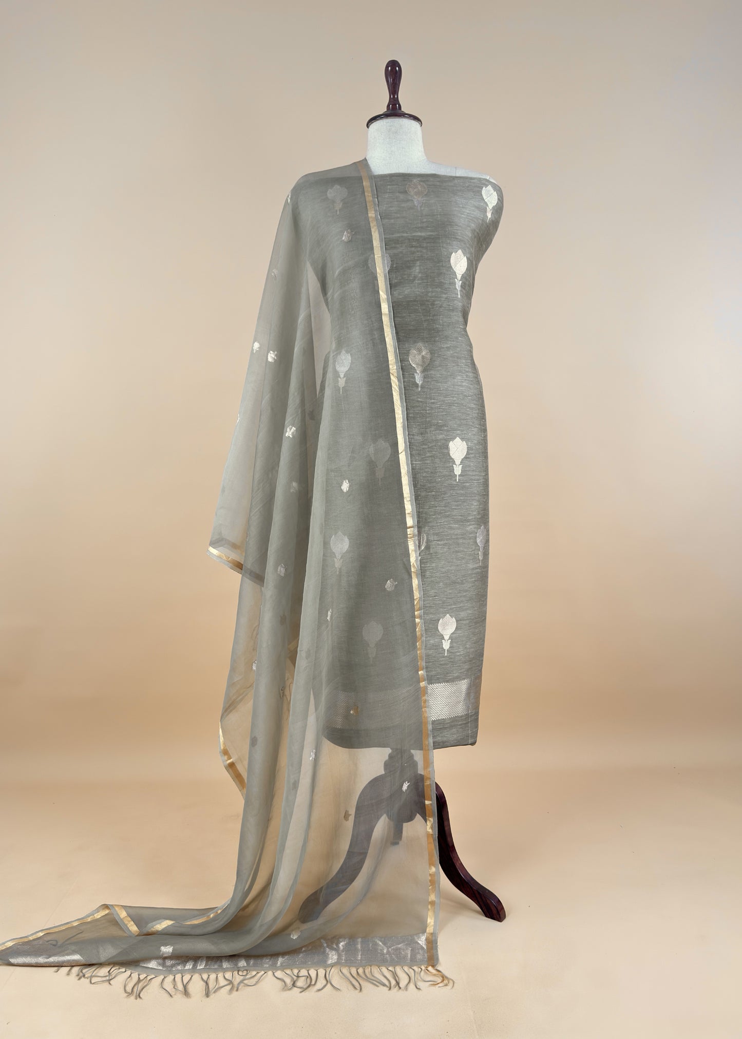 Beige Handloom Kadwa-Woven Linen Silk Suit with Kora Silk Dupatta